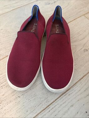 Rothy's Slip-On Knit Sneakers in Burgundy with White Sole and Blue Trim
